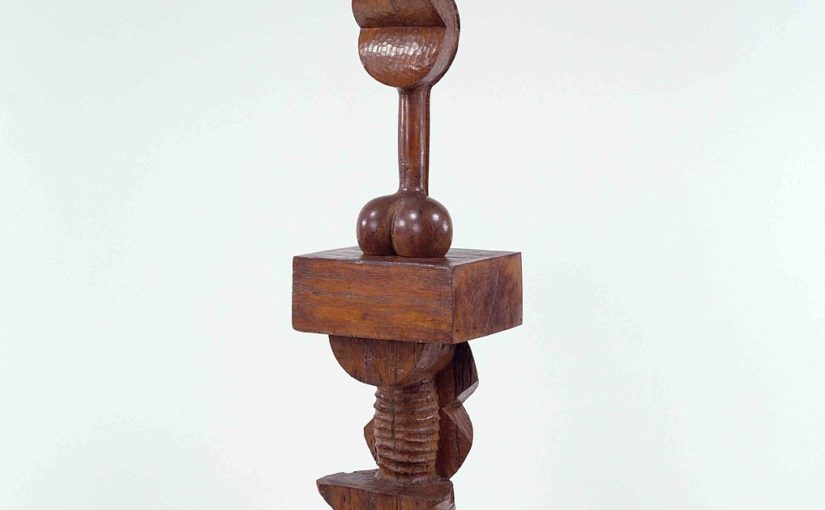 Constantin Brancusi, Adam and Eve, 1921 (Adam and Eve executed separately ca. 1916). Oak (Eve) and chestnut (Adam) on limestone base, 94 x 18 3/4 x 18 1/4 inches (238.8 x 47.6 x 46.4 cm) overall