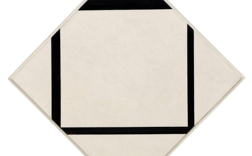 Piet Mondrian, Composition No. 1: Lozenge with Four Lines, 1930. Oil on canvas, 29 5/8 x 29 5/8 inches (75.3 x 75.3 cm); vertical axis: 41 3/8 inches (105.1 cm); horizontal axis: 42 5/8 inches (108.3 cm)