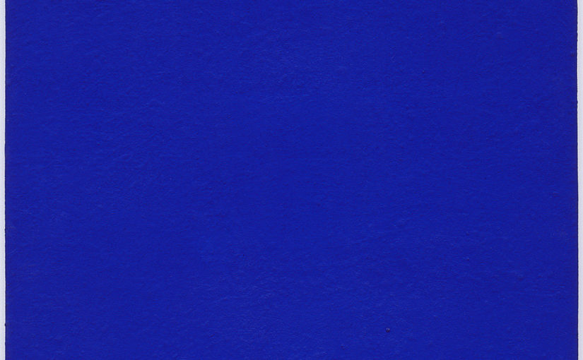 Yves Klein, Untitled blue monochrome (IKB 82), 1959. Dry pigment in synthetic resin on canvas, mounted to board, 36 1/4 x 28 1/4 inches (92.1 x 71.8 cm)