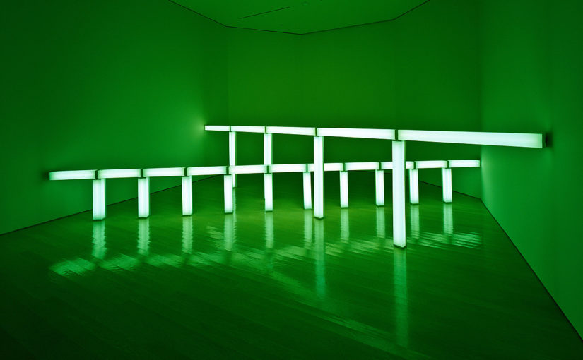 Dan Flavin, greens crossing greens (to Piet Mondrian who lacked green), 1966. Green fluorescent light, Two sections: first section: 4 feet (122 cm) high x 20 feet (610 cm) wide; second section: 2 feet (61 cm) high x 22 feet (670 cm) wide