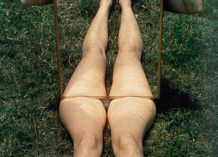 Joan Jonas, Mirror Piece I, 1969. Chromogenic print, 40 x 22 1/4 inches (101.6 x 56.5 cm)