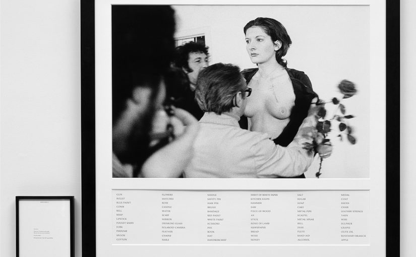 Marina Abramović, Rhythm 0, 1975 (published 1994). Gelatin silver print with inset letterpress panel, frame (photograph): 38 5/8 x 39 5/8 x 1 inches (98.1 x 100.7 x 2.5 cm); frame (text): 10 3/16 x 7 3/16 x 1 inches (25.9 x 18.3 x 2.5 cm)