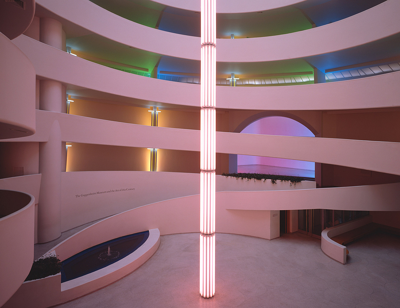 Dan Flavin, untitled (to Tracy, to celebrate the love of a lifetime), 1992. Pink, green, blue, yellow, daylight, red, and ultraviolet fluorescent light, dimensions variable