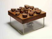 Pol Bury, 18 Demi Spheres Sur un Plateau, n.d.. Brass, magnetic, electrical motor, 8 3/4 x 19 3/4 x 19 3/4 inches (22.2 x 50.2 x 50.2 cm), installed