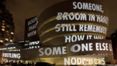 Words projected on the outside of the Solomon R. Guggenheim Museum
