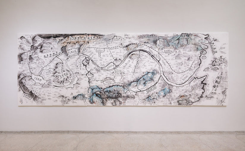 Qiu Zhijie, Map of the Theater of the World, 2017. Ink on paper mounted to silk, six panels, 94 1/2 inches x 23 feet 7 7/16 inches (240 x 720 cm) overall