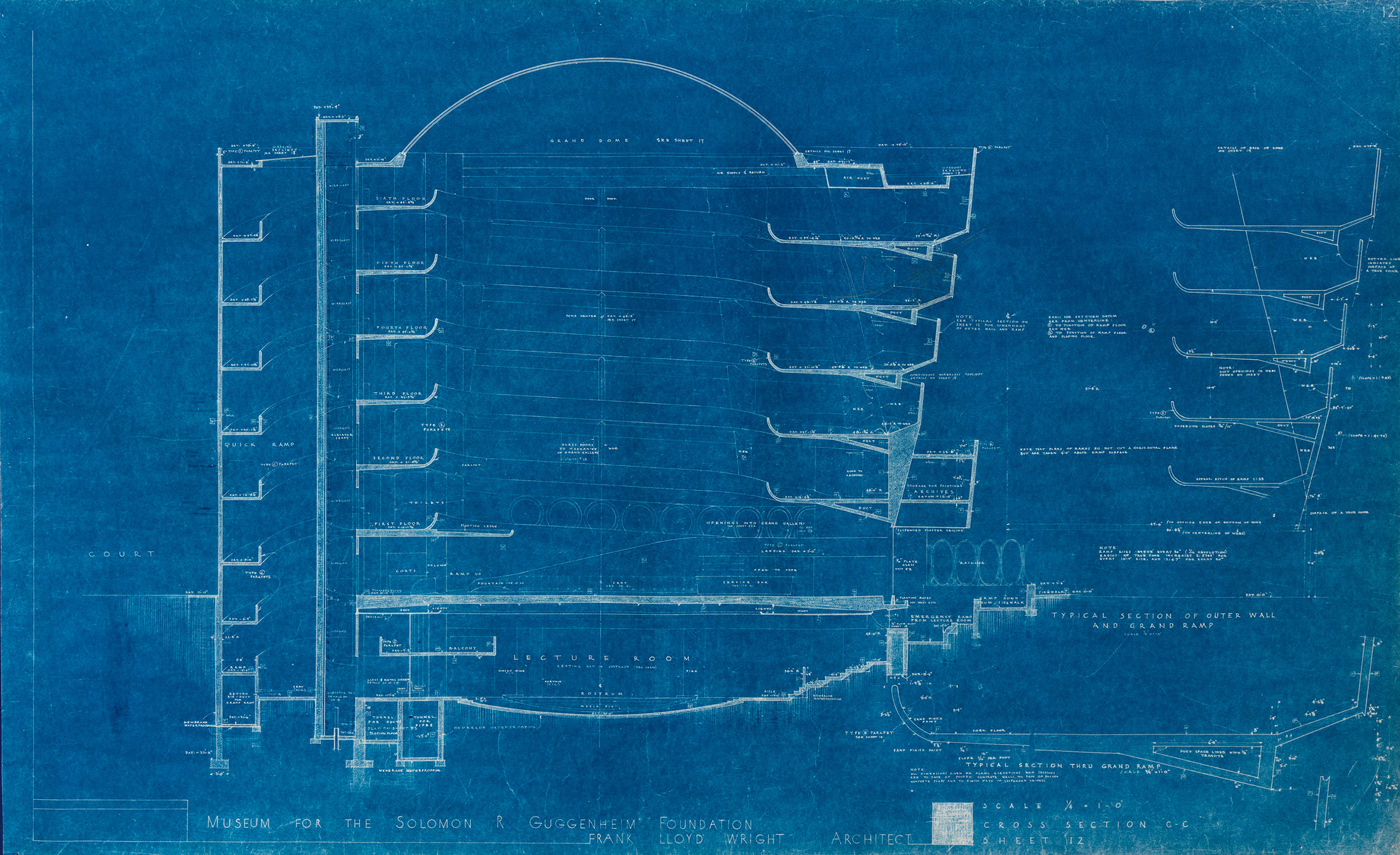 The Quick Ramp is depicted on the left-hand side of this section drawing from the 1953 presentation set produced for Harry Guggenheim. Solomon R. Guggenheim Museum Archives, New York, NY