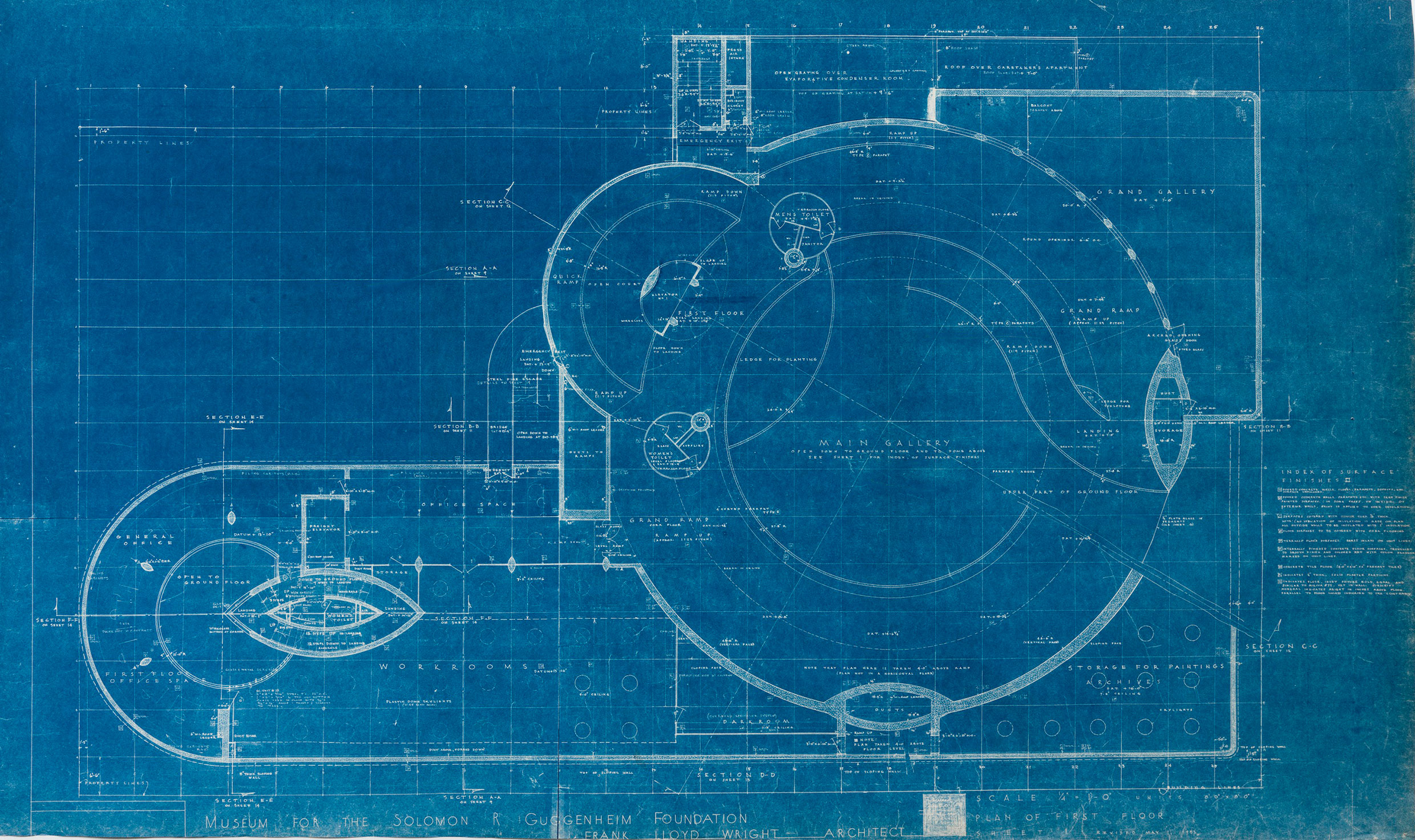 Plan drawing from the 1953 presentation set produced for Harry Guggenheim. Solomon R. Guggenheim Museum Archives, New York, NY. Copyright © 2017 Frank Lloyd Wright Foundation, Scottsdale, AZ. All rights reserved. Photo: Kristopher McKay