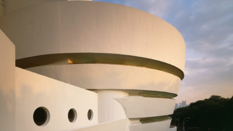 Exterior of the Solomon R. Guggenheim Museum in the evening