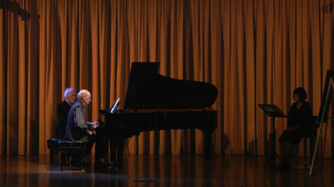 Two pianists onstage at the Guggenheim for the Vexations performance