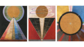 Three Hilma af Klint works: A pyramid with grids of rainbow colors going up to a sun; a gold sphere surrounded by a spiral with an inverted black gridded pyramid with a prism top, and a gold circle with a thick black border, with blue circle and triangle in the middle, as well as a white circle outline and a triangle.
