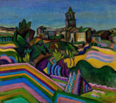 Painting of colorful landscapes and tree-lined paths, leading to a Spanish church
