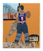 Tschabalala Self, Sprewell, 2020. Acrylic paint, denim jeans, fabric, painted paper, newsprint, wood block print, transfer print with gel medium, felt-tip pen, and thread on canvas
 
, 84 1/8 × 72 1/4 inches (213.7 × 183.5 cm)