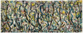 A large abstract painting by Jackson Pollock featuring swirls of black, green, yellow, and pink.