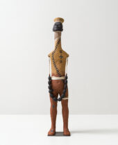 Rose B. Simpson, Self Harmony, 2021. Hand built and wheel-thrown ceramic with glaze and engobes, leather, twine, steel, string, grout, concrete, 68 1/2 x 13 x 13 inches (174 x 33 x 33 cm)