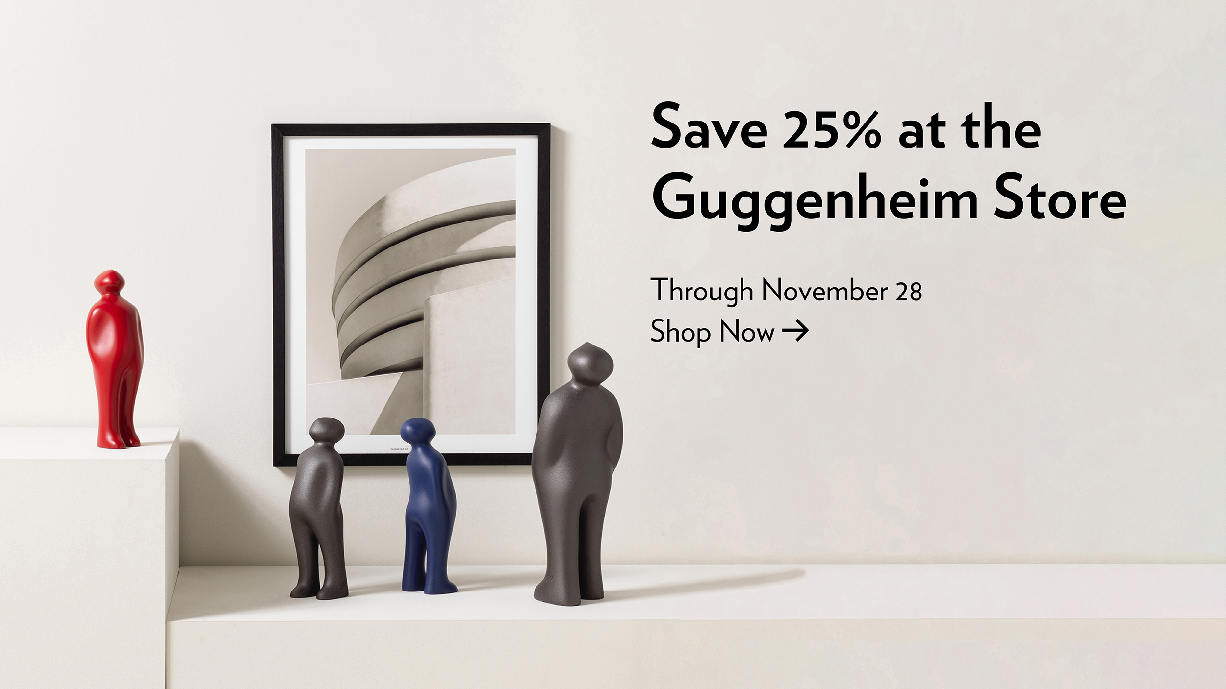Small sculptures of museum visitors looking up at a picture of the Guggenheim Museum with the text Save 25% at the Guggenheim Store through November 28 Shop Now