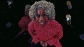 An AI generated image of a woman with curly gray hair wearing a bright pink shirt. Her mouth is open as if screaming.