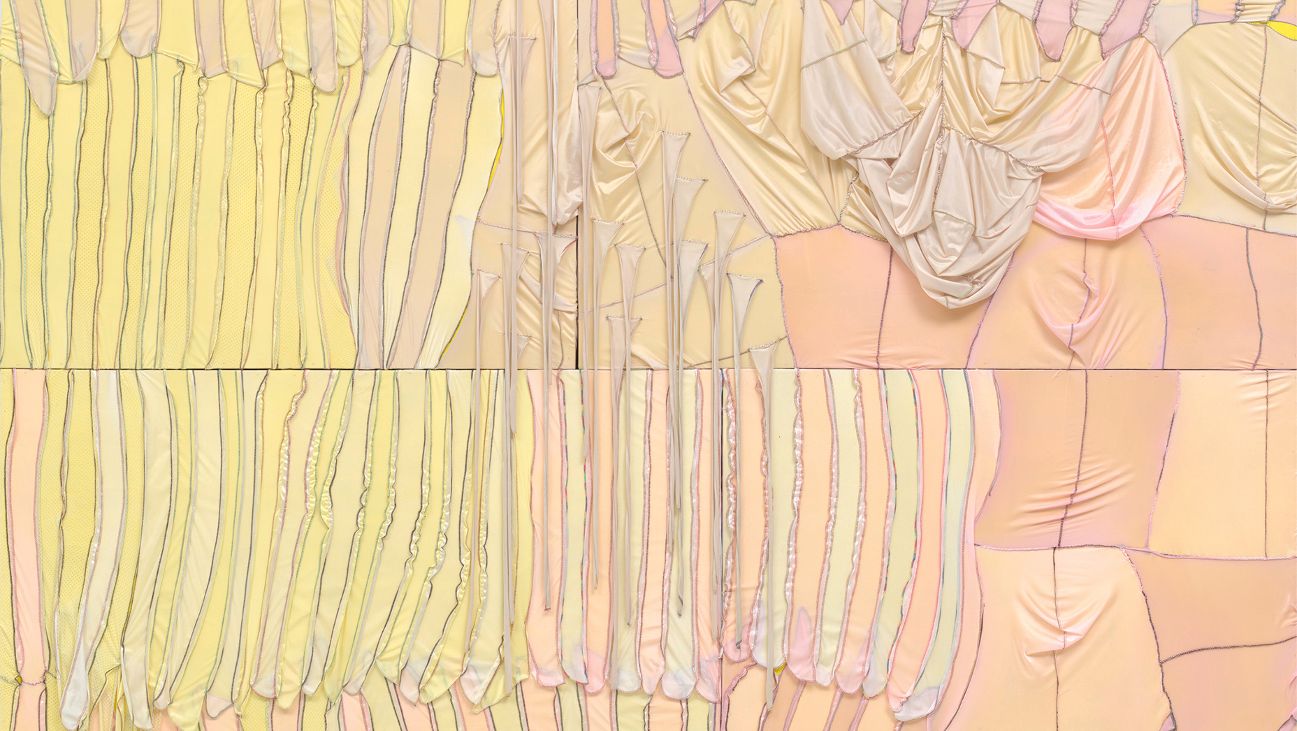An abstract artwork by Anthony Akinbola comprised of vertically oriented sections of durag and acrylic paint in various shades of yellow, pink, and peach. The sections appear neatly aligned except for in the top left corner, where they range in size and appear to drape like crumpled fabric.