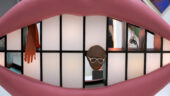 A large sculpture of pink lips and a toothy smile. Several teeth are missing. A hand hangs from one of the gaps in the teeth, and a head wearing glasses pokes through another gap.