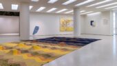 A large woven blanket covers the floor of a gallery space. One half of the blanket is rendered in red, blue, and green thread, while the other half is rendered in shade of yellow. Several small mound-like protrusions occur just off center of either side of the blanket. On walls above the blanket hangs a light blue canvas of repeated yellow rectangles of varying opacity with faint streaks of darker blue and red, a pair of blue jeans with one hole cut from each knee, and a white gallery box holding a round white mass.