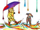 A vibrant picture of a figure wearing a yellow rain suit and red rain boots, carrying a purple umbrella, walking towards a multicolored dog. Both are in up to their ankles in sloshing rainbow liquid. from the top of the image, five viscous streams of paint in red, orange, blue, yellow, and green appear to drip like heavy rain on a window.