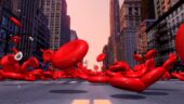 Large red blood cells hovering over a city street.