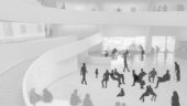 A grayscale illustration depicting silhouettes of visitors in the Guggenheim Museum rotunda. People are shown walking, sitting, conversing, and using assistive devices such as canes and walkers.