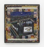 A colorful quilt depicting a family on a rooftop in a city