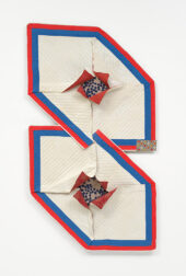 Sanford Biggers, Poly, 2023. Antique quilt and fabric, 90 × 51 × 6 1/2 inches (228.6 × 129.5 × 16.5 cm)