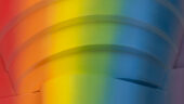 Abstract image of layered arcs resembling a spiral structure, covered in a rainbow gradient.