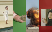 A horizontal collage split into four vertical sections: a person in white near a pool, a hand with a coin on a green background, an explosion, and a woman in a hijab on a red background.